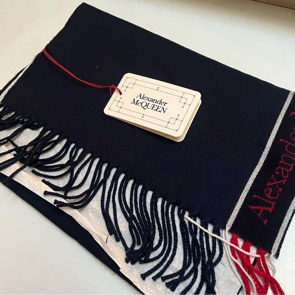 Alexander McQueen Fringe Wool & Cashmere Scarf Blue NWT MSRP $425 - Picture 3 of 6
